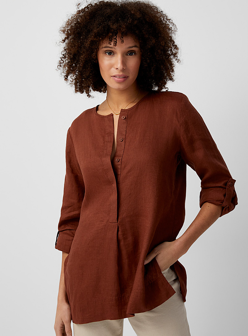 Contemporaine Dark Brown Pure linen slit-collar tunic for women