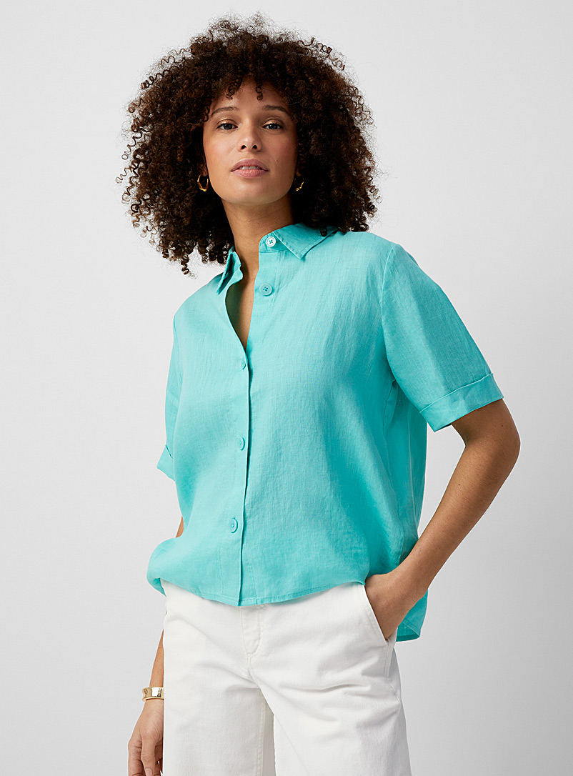 Contemporaine: La chemise carrée pur lin Turquoise pour femme