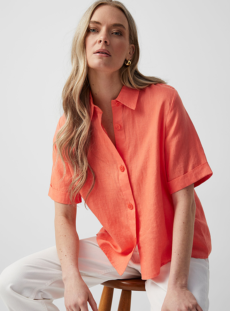 Contemporaine: La chemise carrée pur lin Corail pour femme