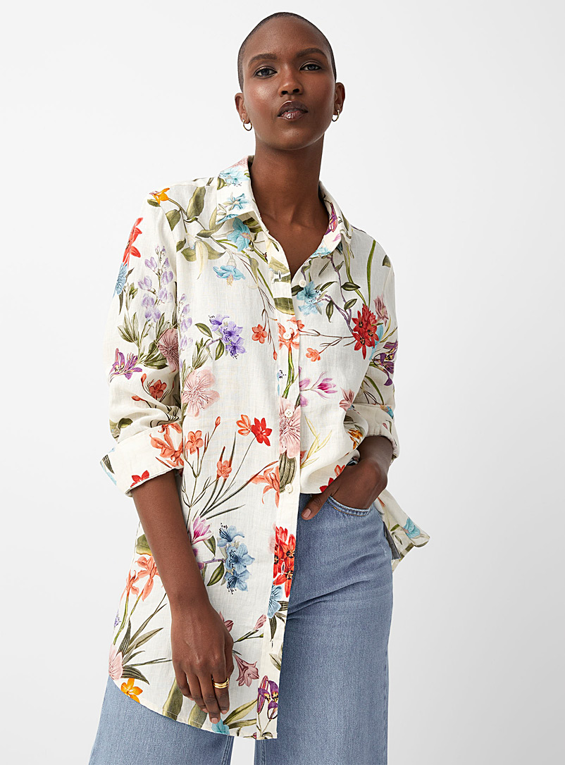 Contemporaine Patterned Ecru Flowery pure linen tunic shirt for women