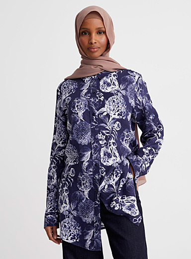 Contemporaine: La chemise tunique pur lin en fleurs Bleu à motifs pour femme