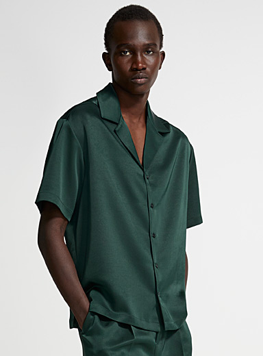 Le 31 Green Satiny camp shirt for men