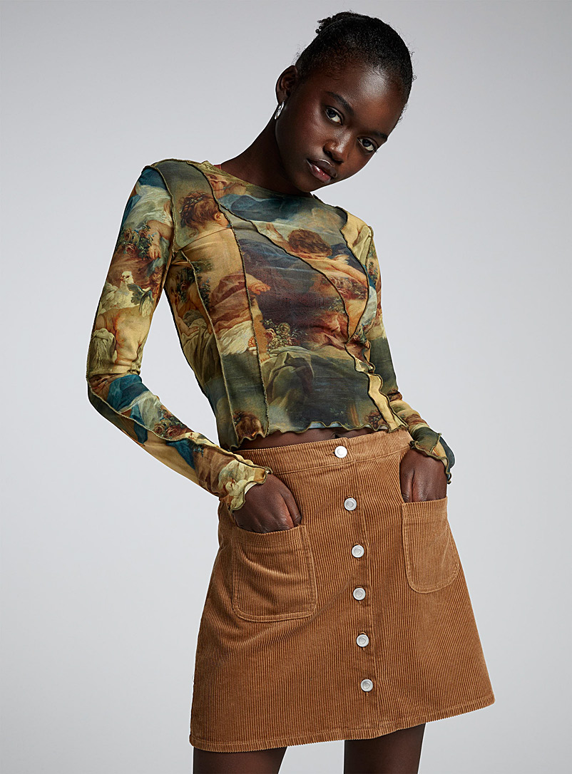 Twik Light Brown Buttoned corduroy skirt for women