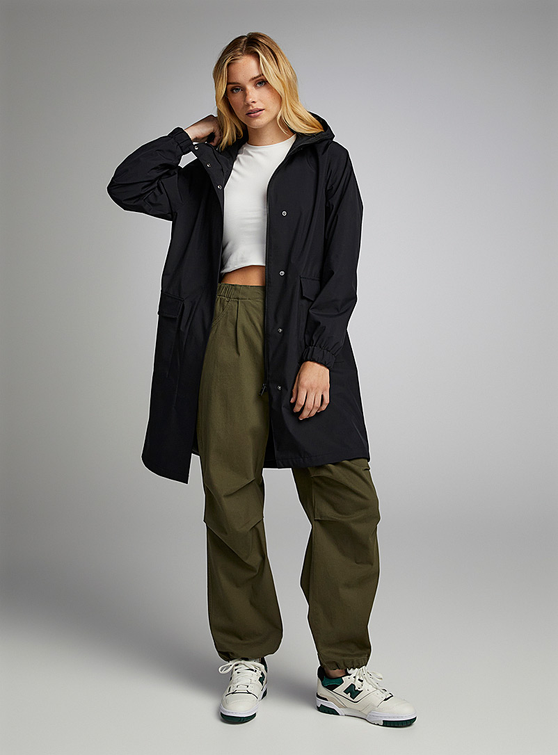 Twik Black Flap pockets straight raincoat for women