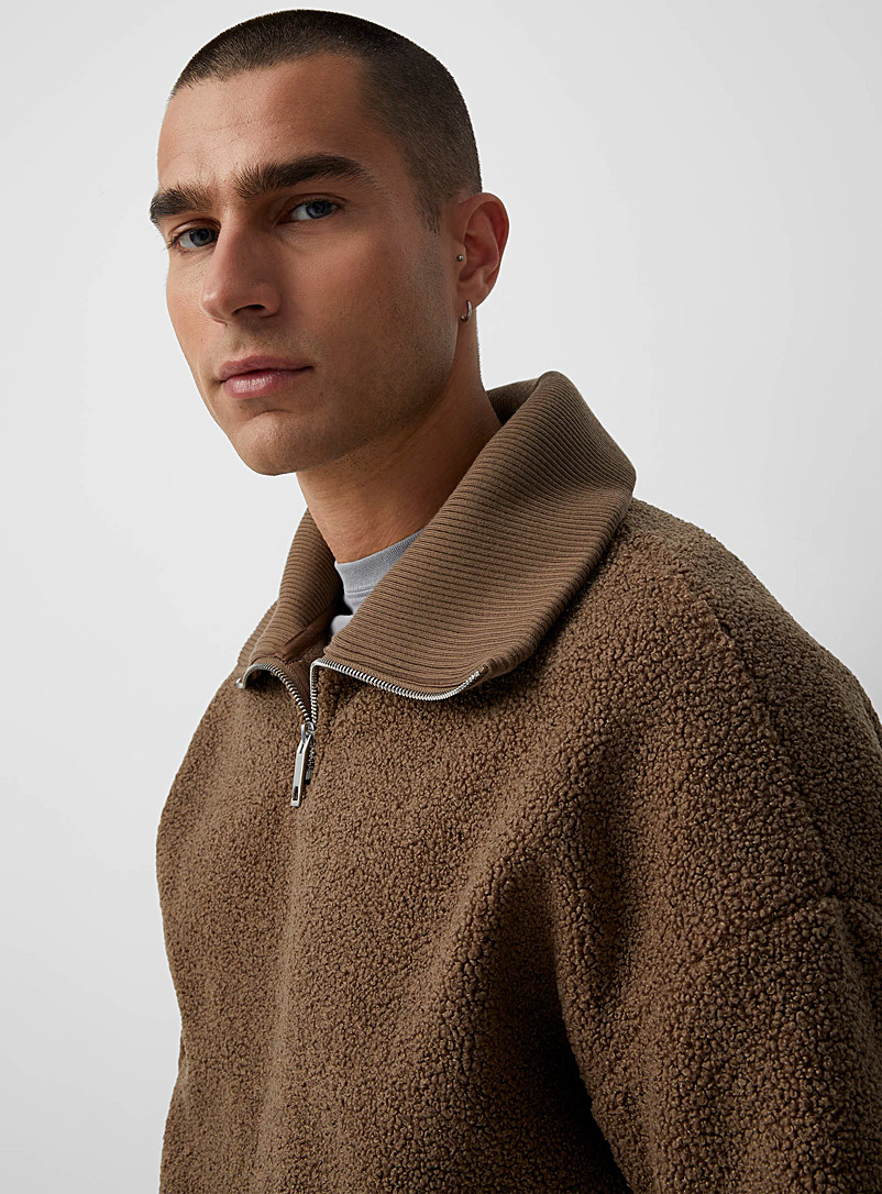 Le 31 Brown Zip-neck sherpa sweater  for men