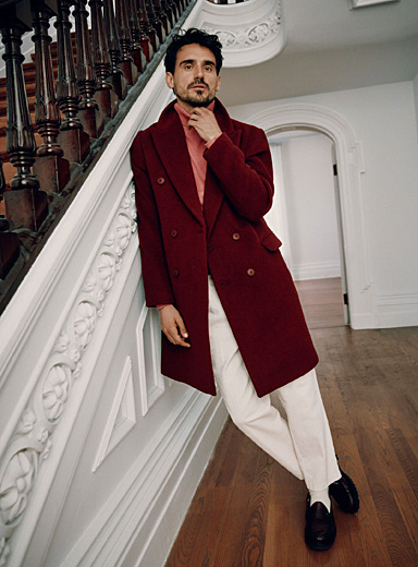 Le 31 Ruby Red Double-breasted recycled wool overcoat for men
