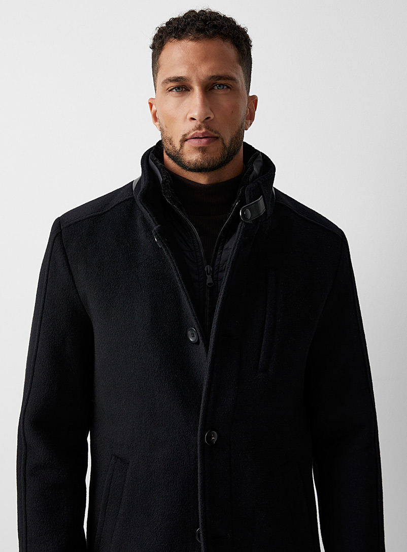 Le 31 Black Faux-fur collar overcoat for men