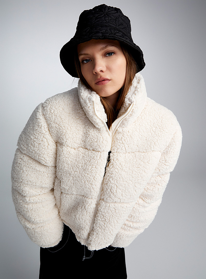 Twik Ivory White Soft sherpa fleece puffer jacket for women