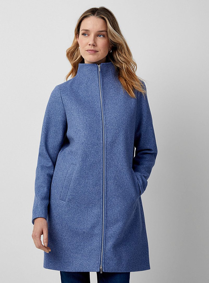 Contemporaine Blue Stand-collar felt 3/4-length coat for women