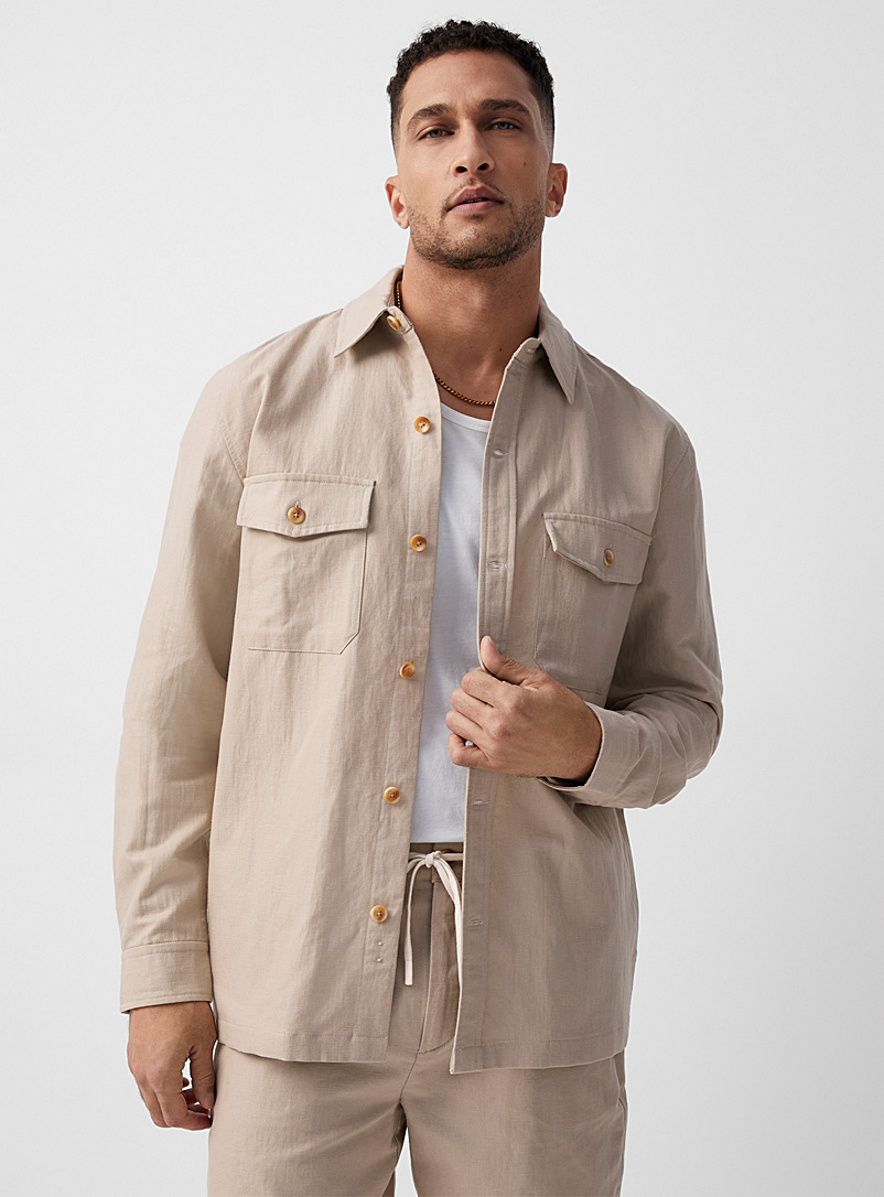 Le 31 Ivory/Cream Beige Linen and organic cotton overshirt for men