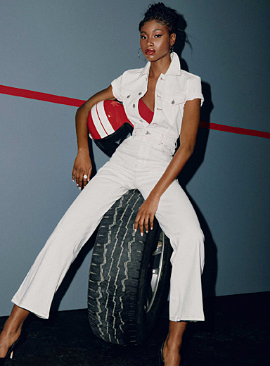 Icône Ivory White Button-up stretch denim jumpsuit for women
