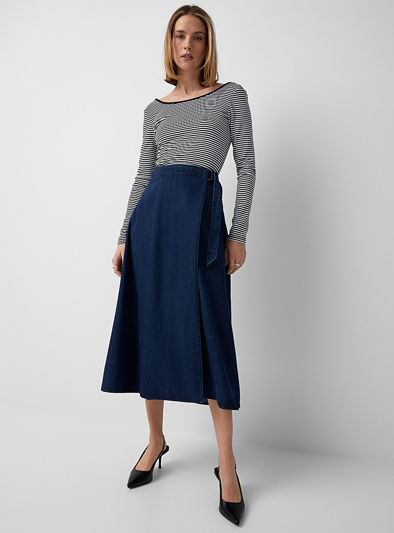 Sustainable Navy Blue Striped Skirt with High Waist and Slit