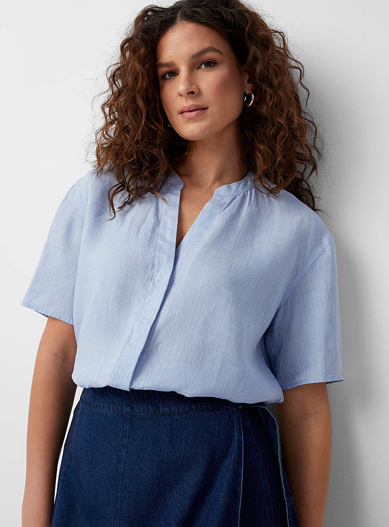 Contemporaine Baby Blue Gathered collar organic linen shirt for women