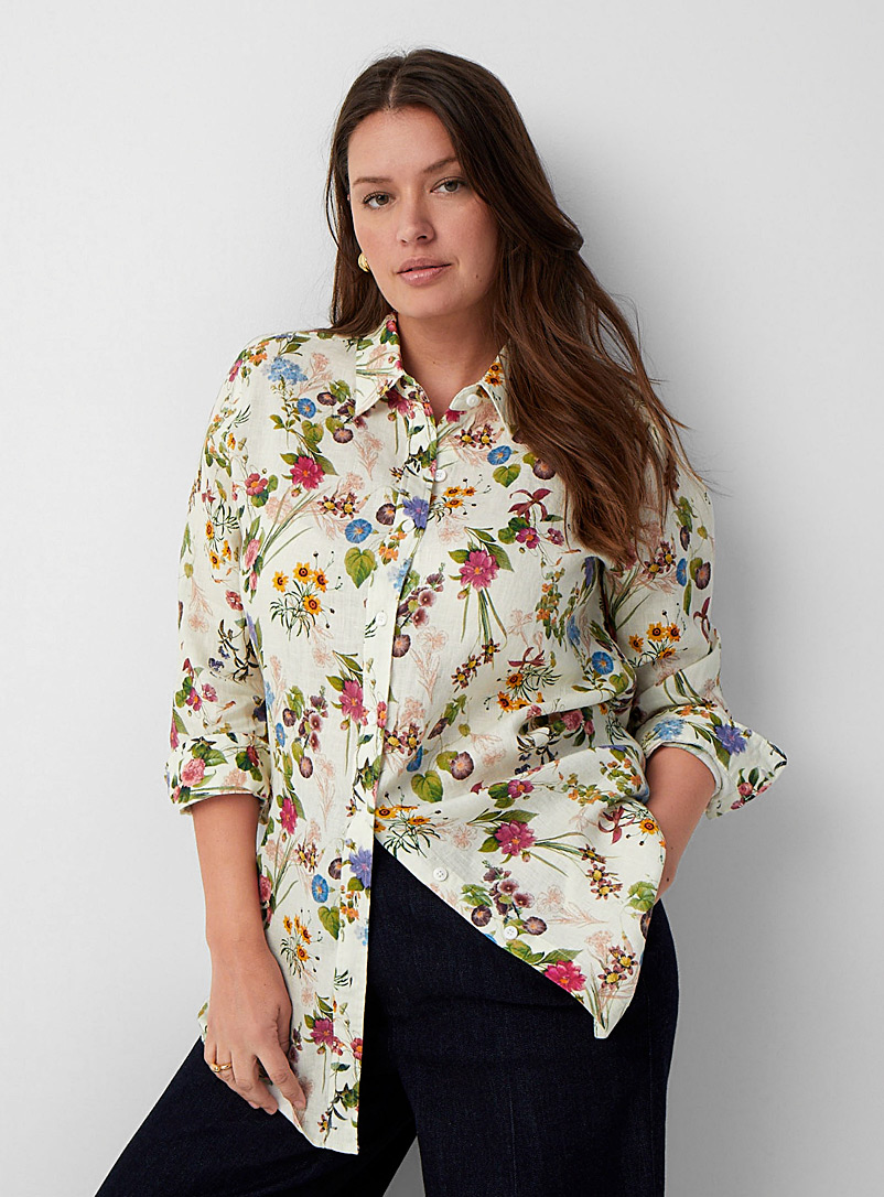 Contemporaine: La chemise tunique lin bio en floraison Blanc à motifs pour femme