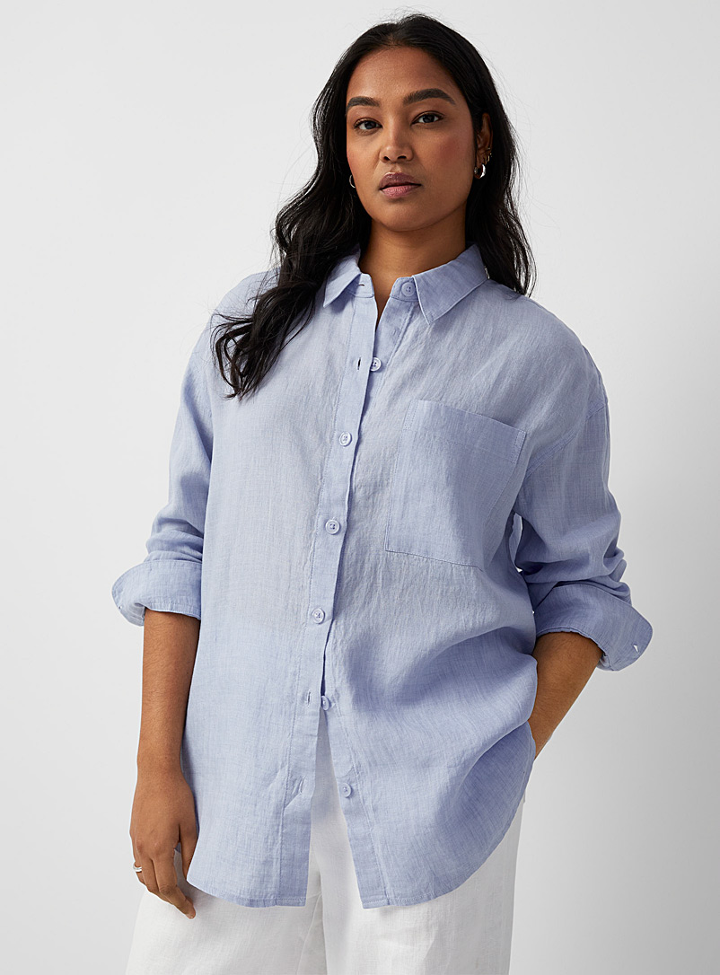 Contemporaine Baby Blue Patch pocket organic linen shirt for women