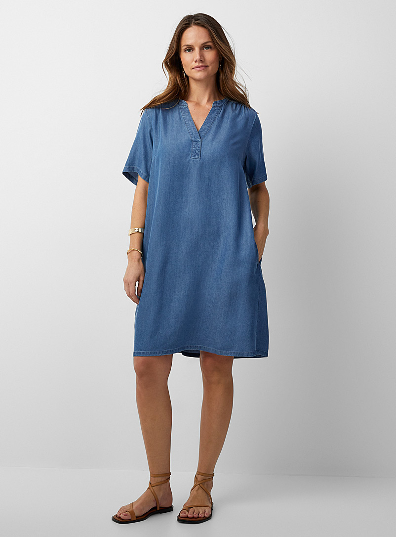 Contemporaine Navy/Midnight Blue Slit collar lyocell denim dress for women