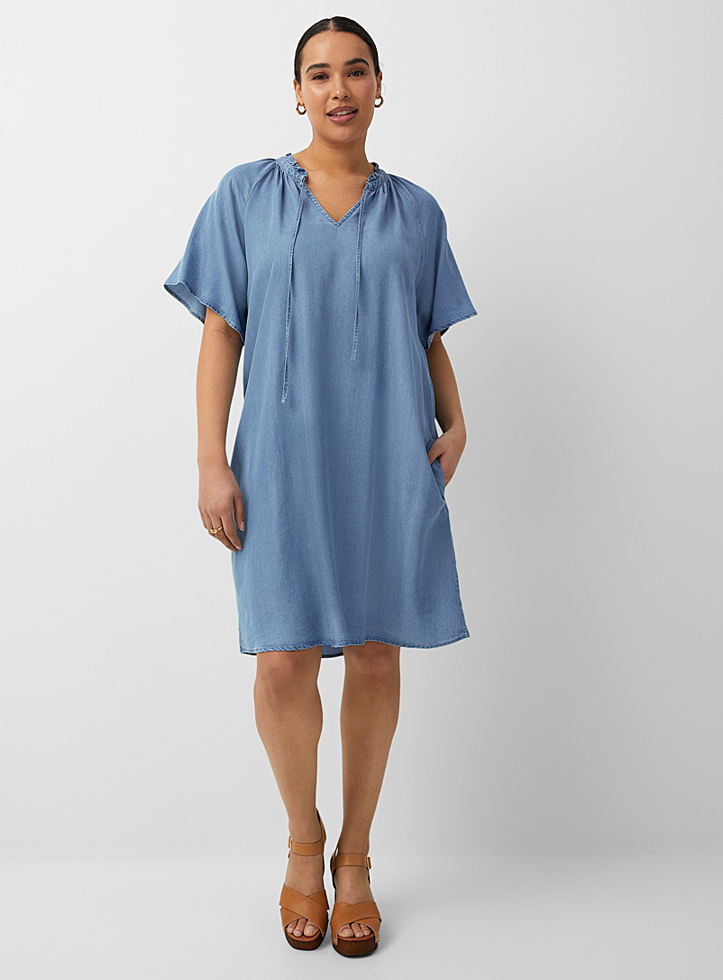 Contemporaine Slate Blue Ruffled collar lyocell denim dress for women