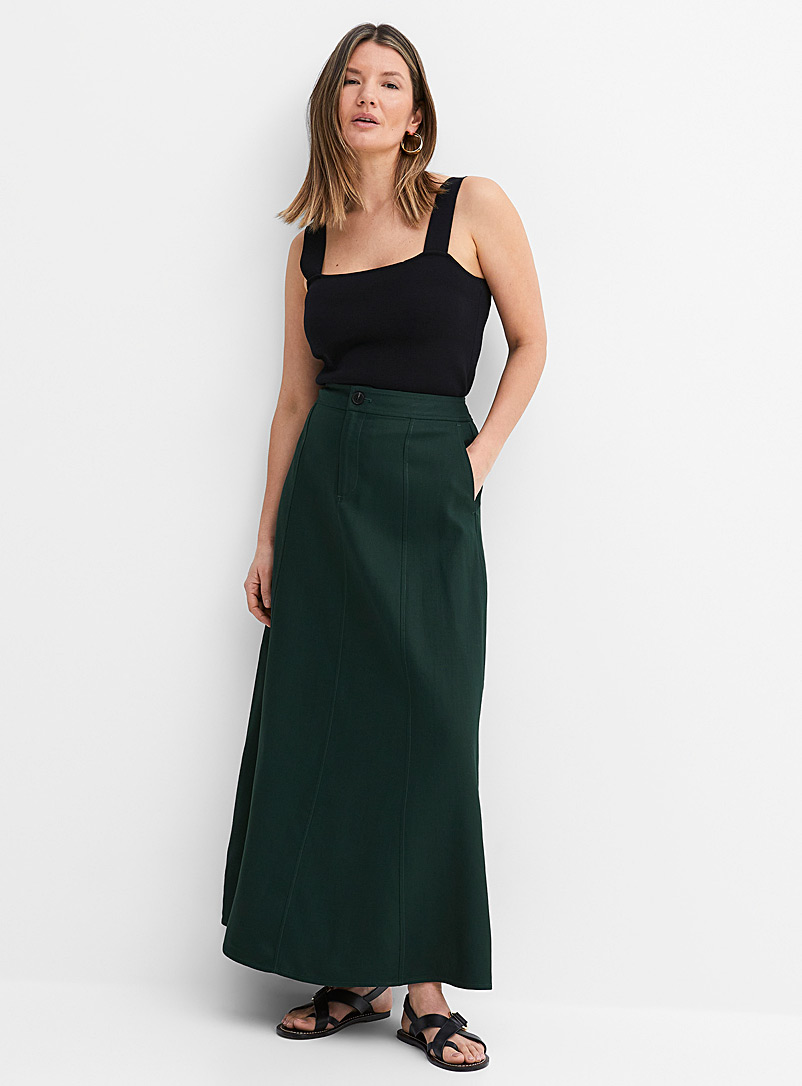 Contemporaine: La jupe maxi évasée fine texture Vert foncé-mousse-olive pour femme
