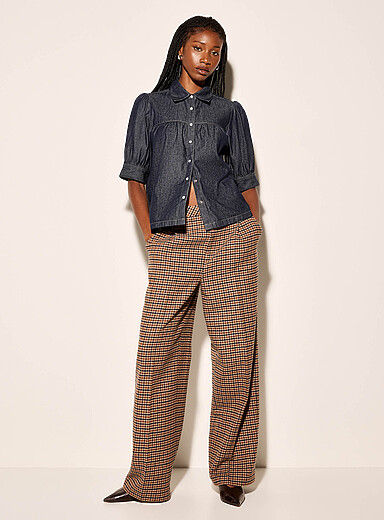 Ic&ocirc;ne: Le pantalon large &agrave; plis laine retransform&eacute;e Bleu &agrave; motifs pour femme