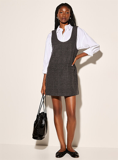 Ic&ocirc;ne Patterned Grey Reprocessed wool-blend pinafore dress for women