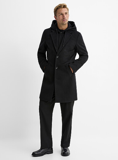 Le 31: Le manteau bross&eacute; plastron &agrave; capuchon amovible Noir pour homme
