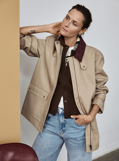 Contemporaine Light Brown Patch-pocket velvet-collar water-repellent jacket for women