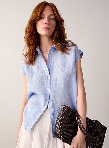 Cap-sleeve pure linen shirt