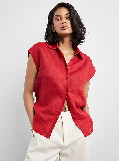 Contemporaine: La chemise &agrave; mancherons pur lin Rouge pour femme