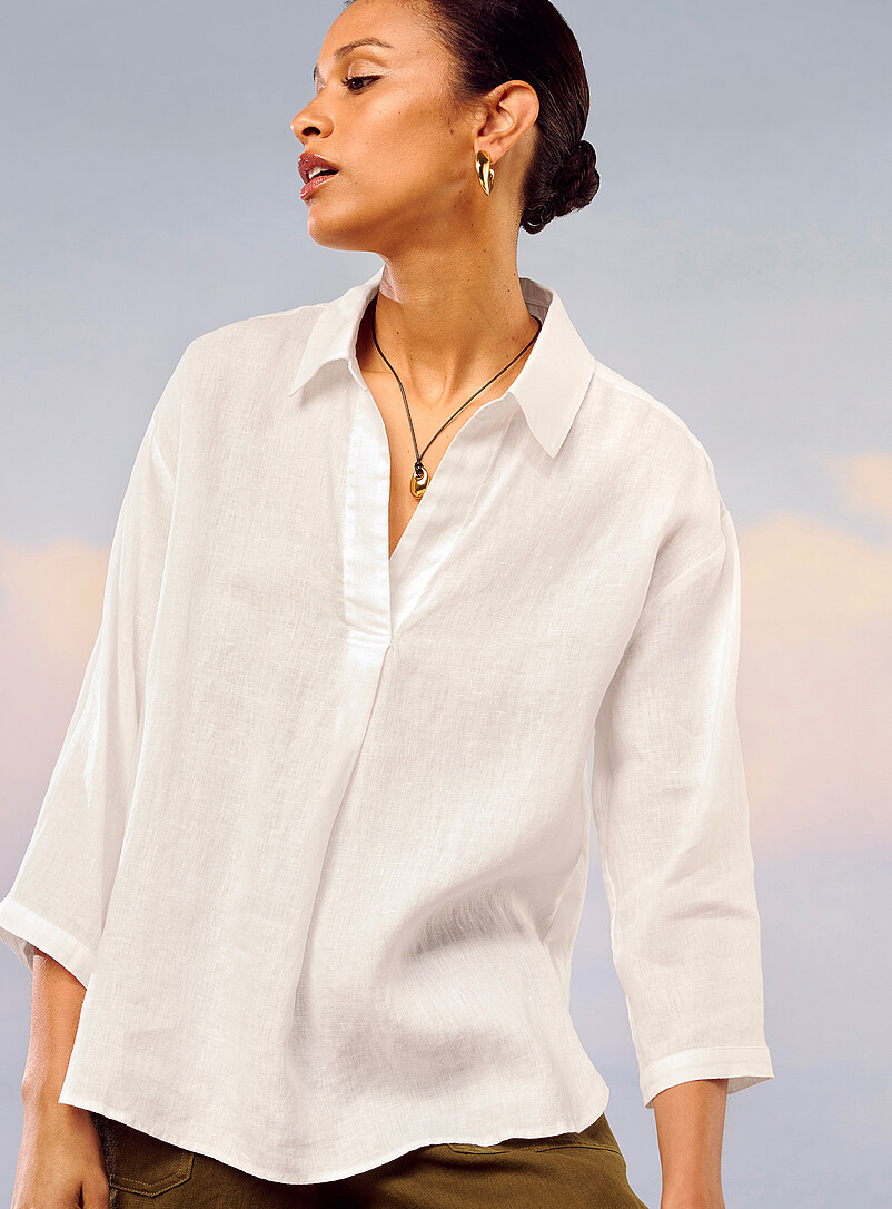 Contemporaine Green Johnny-collar pure linen blouse for women