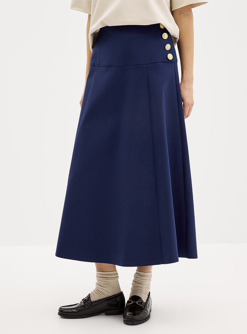 Contemporaine Navy/Midnight Blue Crest buttons flared midi skirt for women