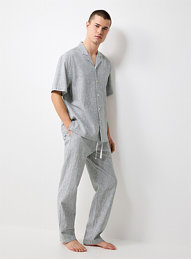 Le 31: Le pantalon pyjama lin l&eacute;ger ray&eacute; Vert &agrave; motifs pour homme