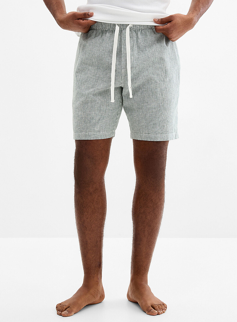 Le 31 Patterned Green Lightweight striped linen pyjama short for men