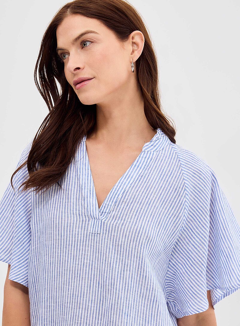 Contemporaine Patterned Blue Loose striped pure linen dress for women