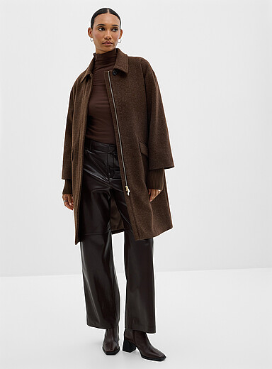 Contemporaine: Le paletot mi-long feutre velout&eacute; col chemise Chocolat - Espresso pour femme
