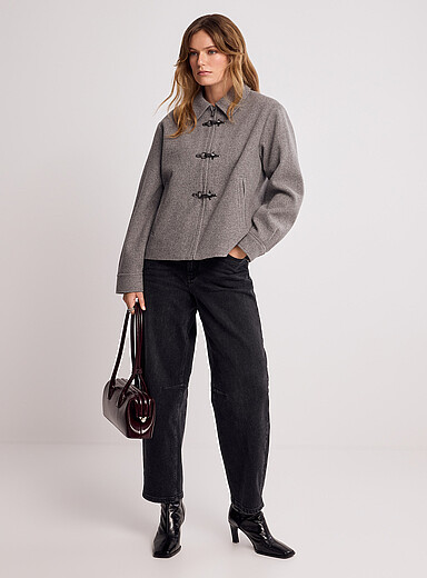 Contemporaine: Le manteau feutr&eacute; attaches pompier  Gris pour femme