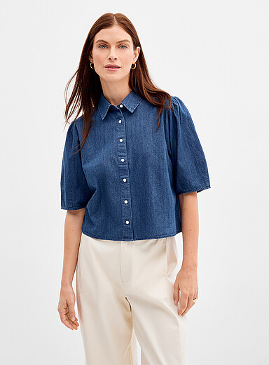 Contemporaine: La chemise denim manches bouffantes Bleu moyen - Ardoise pour femme