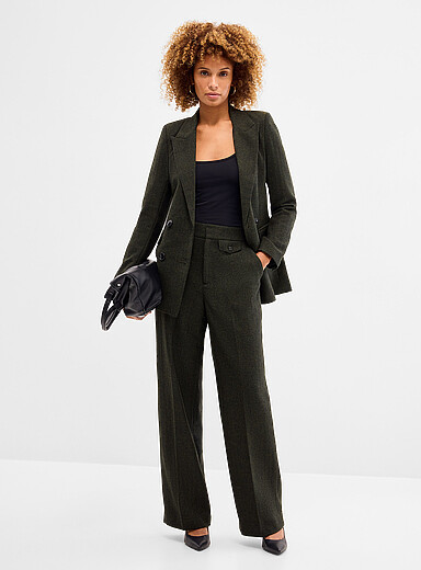 Contemporaine Mossy Green Moderne green herringbone wool pant <b>Fit: Wide leg, high rise</b> for women