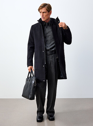 Le 31: Le paletot laine recycl&eacute;e plastron amovible Noir pour homme