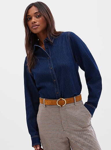 Pure cotton denim contrast stitching shirt