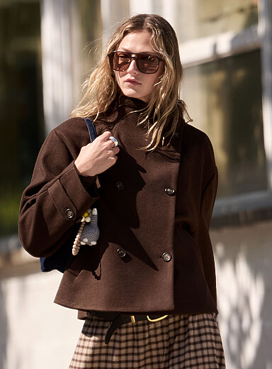 Twik Chocolate/Espresso Cropped double-breasted stand-collar coat for women
