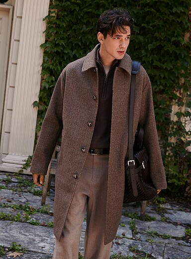 Le 31 Taupe Recycled wool tweed overcoat for men