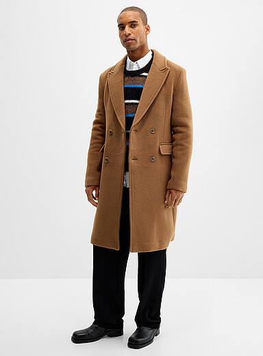 Le 31 Honey/Camel Double-breasted recycled wool overcoat for men