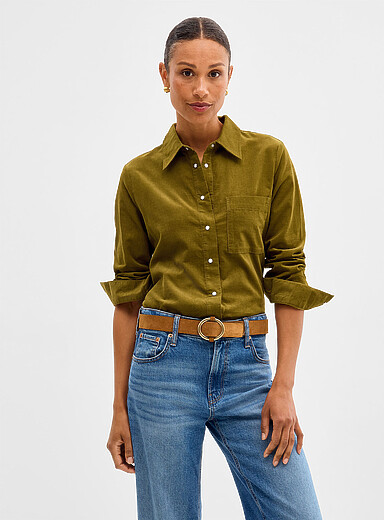 Contemporaine: La chemise fin velours c&ocirc;tel&eacute; Kaki - Sauge - Olive pour femme