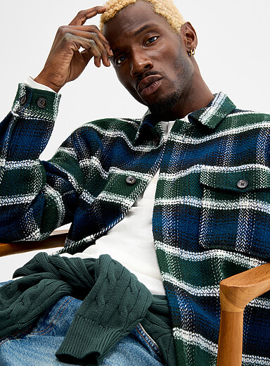 Le 31 Patterned Blue Herringbone weft check overshirt for men