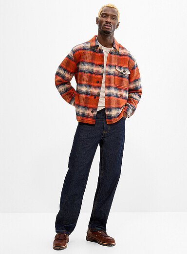 Le 31 Orange Herringbone weft check overshirt for men