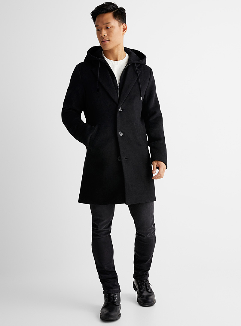 Le 31 Black Recycled wool hooded overcoat for men
