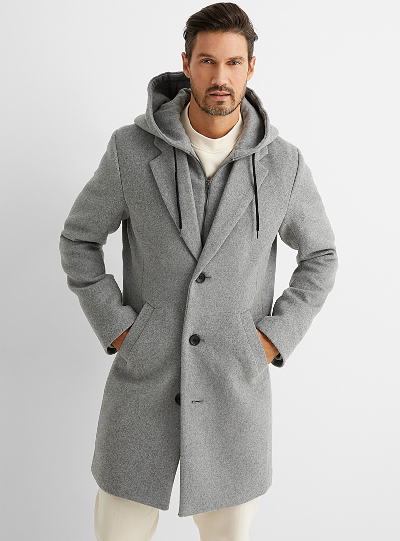 Le 31 Grey Recycled wool hooded overcoat for men
