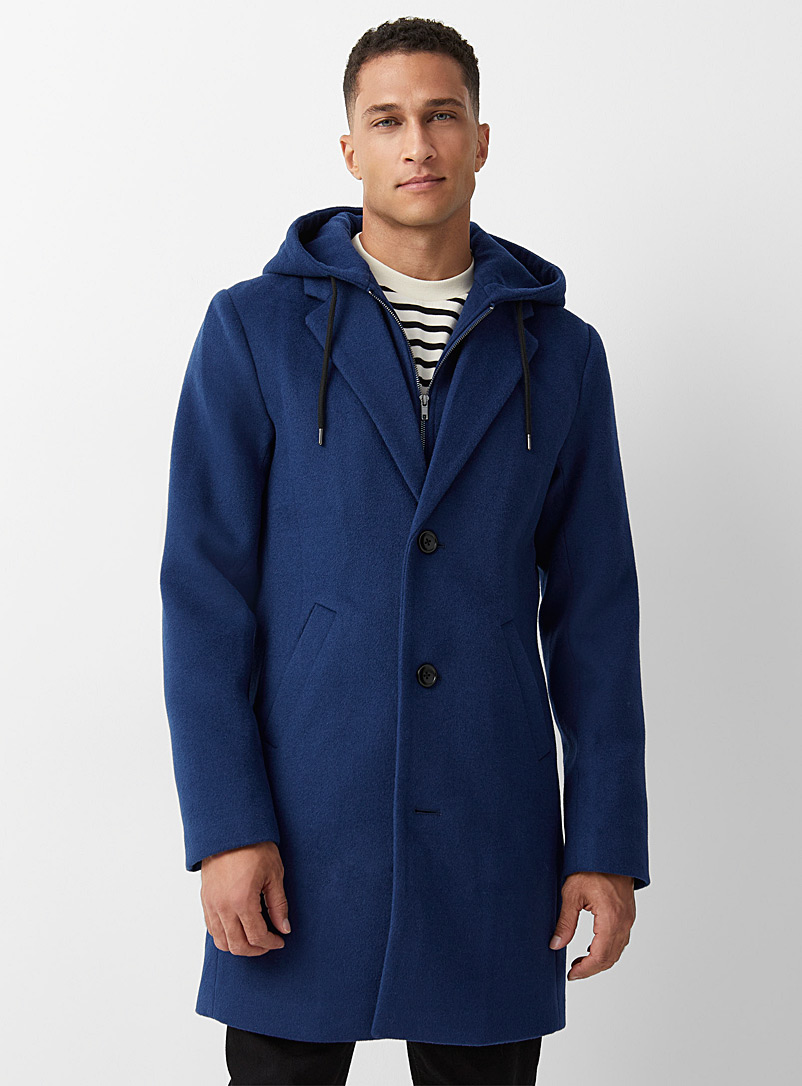 Le 31 Dark Blue Recycled wool hooded overcoat for men