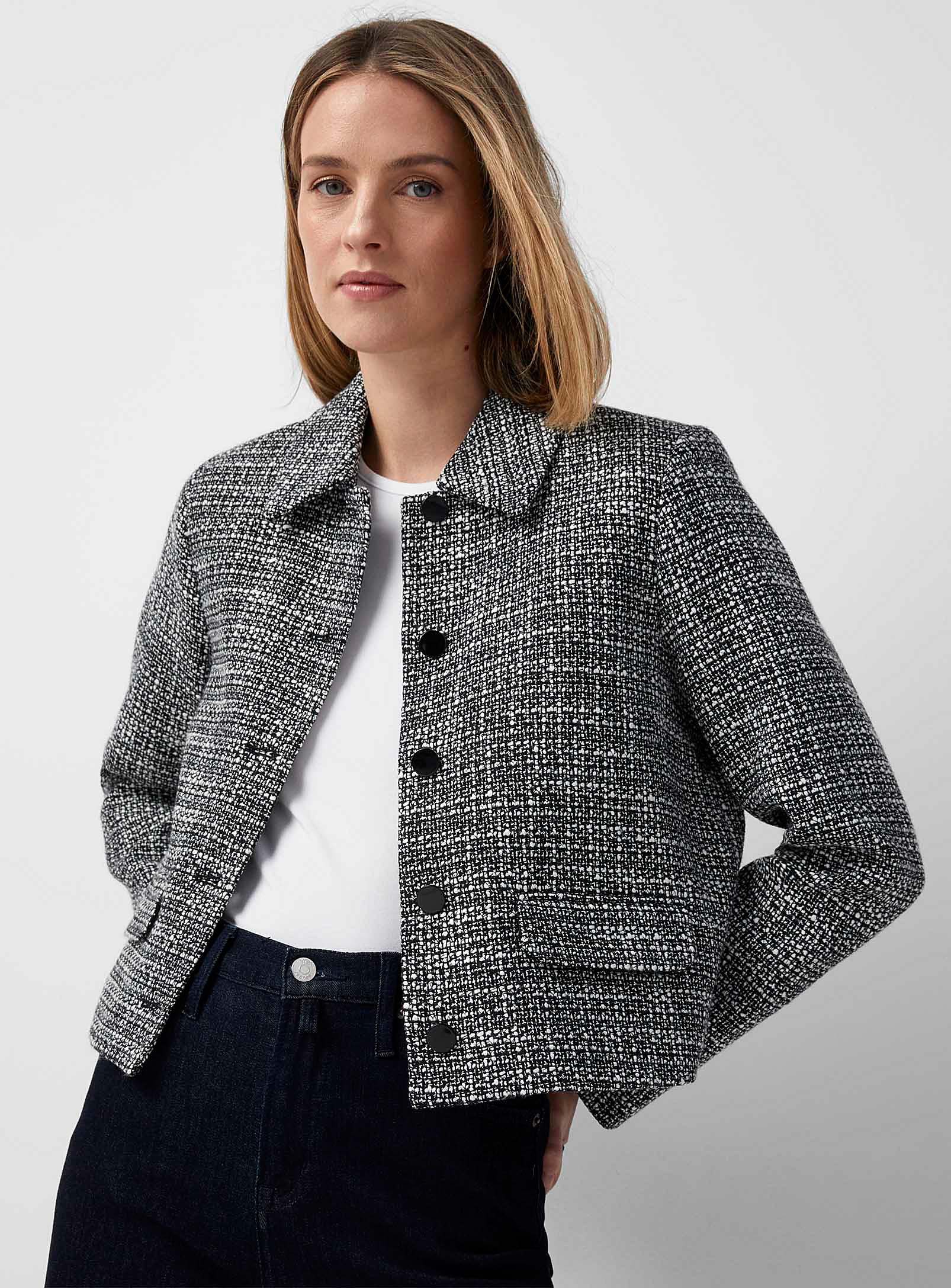 Contemporaine Contrast Tweed Cropped Blazer In Patterned Black