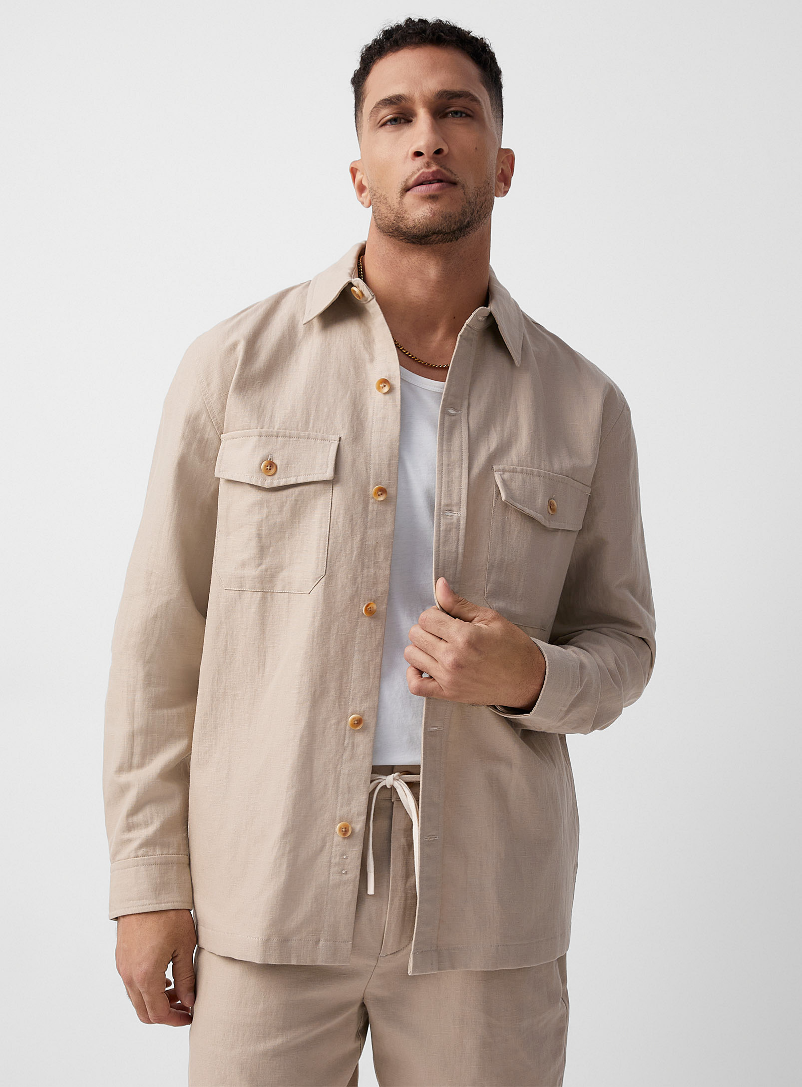 Le 31 Linen And Organic Cotton Overshirt In Cream Beige